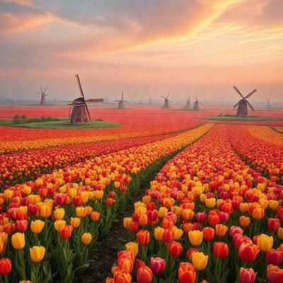 The primary subject of the image is a field of flowers, predominantly featuring red and yellow tulips. The setting is a vast, open field with a sky background. The visual style is a realistic, natural scene. The dominant colors are red and yellow, creating a vibrant and lively atmosphere.